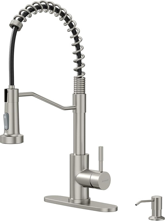AIMADI Kitchen Faucet with Soap Dispenser and Pull Down Sprayer,Spring High Arc Design Stainless Steel Sink Faucet Single Handle 1 or 3 Hole Farmhouses,RV,Laundry,Outdoor