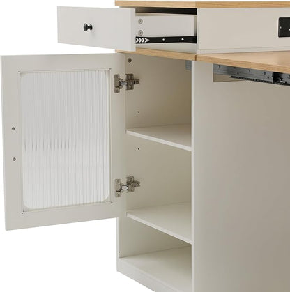 Polibi 59.5" Kitchen Island with Extendable Dining Table, 2 Drawers, Power Outlet (USB/C), Double-Sided Storage & Side Open Shelves,Kitchen Storage Table for Dining Room,White