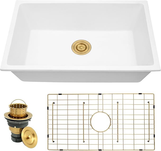 Rhbamoa 30 Inch White Undermount Kitchen Sink,White Granite Composite Kitchen Sink 30''x18'',9 Inch Depth Quartz Sinks with Accessories