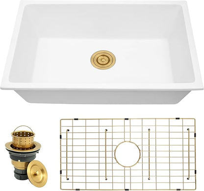 Rhbamoa 30 Inch White Undermount Kitchen Sink,White Granite Composite Kitchen Sink 30''x18'',9 Inch Depth Quartz Sinks with Accessories