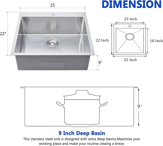 HOTIS 25x22 Inch Drop In Kitchen Sink, 25 Inch Topmount 304 Stainless Steel RV Laundry Utility Sink, Brushed Nickel Single Bowl Bar Sink With Drain