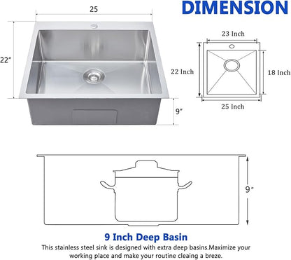 HOTIS 25x22 Inch Drop In Kitchen Sink, 25 Inch Topmount 304 Stainless Steel RV Laundry Utility Sink, Brushed Nickel Single Bowl Bar Sink With Drain
