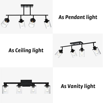 4 Lights Ceiling Light Fixtures with Flexibly Rotatable Light Head Black Bathroom Lights Modern Complete Track Lighting Kits with Clear Glass Shade, E26 Base