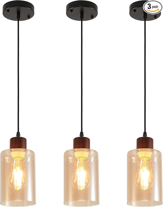 Modern Wood Pendant Lighting for Kitchen Island, Farmhouse Pendant Light Fixtures 3 Pack, Adjustable Hanging Ceiling Light with Amber Glass Shade