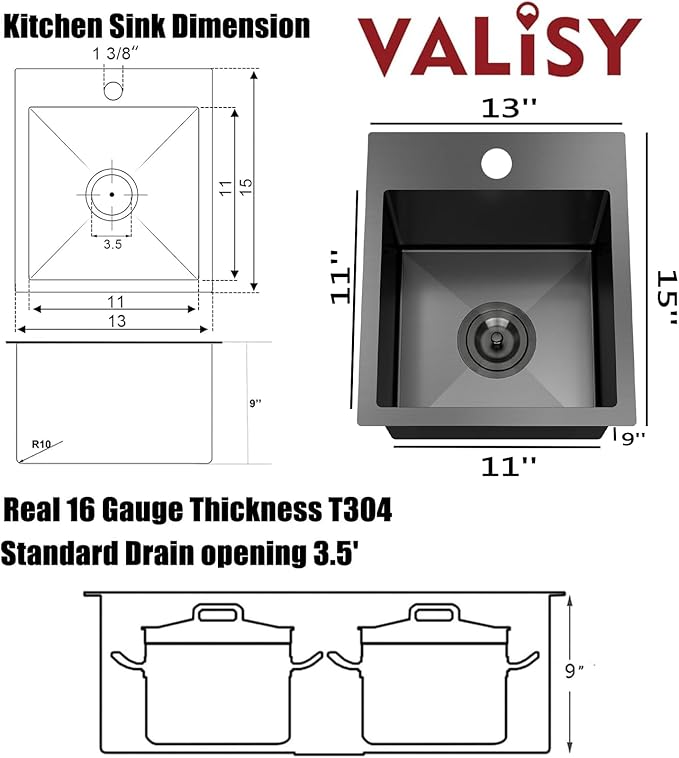 13x15 Inch Black Bar Sink Drop In Kitchen Sink, Topmount Stainless Steel Square Small Sinks, Single Bowl Kitchen Sinks for Laundry Wet Bar Prep RV Office Outdoor Yard with Grid & Drain