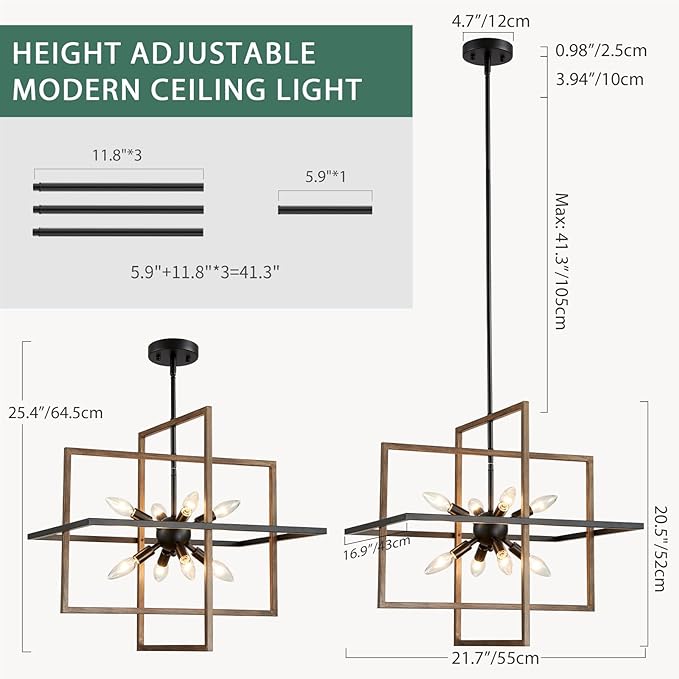 Farmhouse Chandelier, 8-Light Geometric Ceiling Light Fixture, 22” Height Adjustable Faux-Walnut Grain Metal Lamp for Foyer, Stairway, Living Room