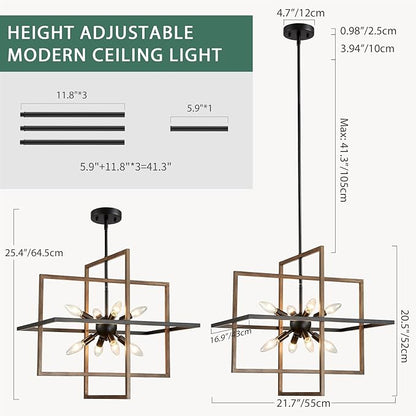 Farmhouse Chandelier, 8-Light Geometric Ceiling Light Fixture, 22” Height Adjustable Faux-Walnut Grain Metal Lamp for Foyer, Stairway, Living Room