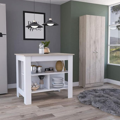 GOWE Roblar 8-Shelf 2-Door 2-Piece Kitchen Set, Kitchen Island and Pantry Cabinet White and Light Gray