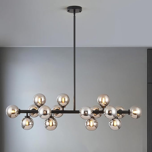 16-Light Globe Sputnik Chandelier, Mid Century Modern Light Fixture Over Table, Black Linear Chandeliers for Dining Room and Kitchen Island (Smoke Grey Glass Bubble Shades, 40 Inch)