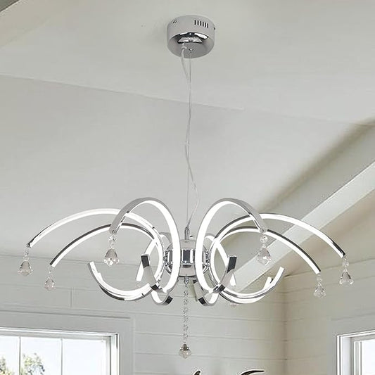 33 Inch Chrome Crystal Chandelier 8-Light, Modern Silver Chandelier with Adjustable Height, Dimmable LED Chandelier, K9 Crystal Lighting Fixture for Dining Room Living Room Foyer