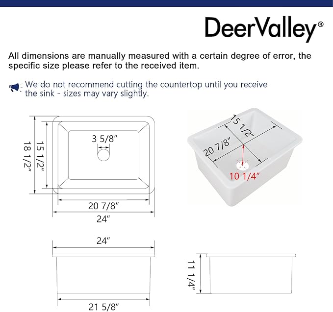 DeerValley Farmhouse Kitchen Sink 24 inch, White Fireclay Undermount Farm Sinks, Single Bowl Deep Drop-in Undermount Sink with Grid & Basket Strainer, Easy to Clean