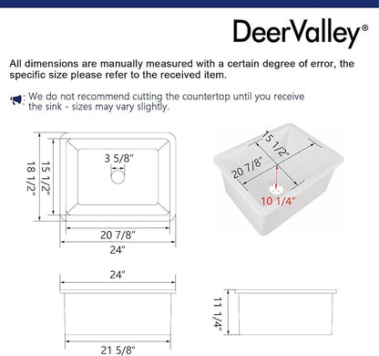 DeerValley Farmhouse Kitchen Sink 24 inch, White Fireclay Undermount Farm Sinks, Single Bowl Deep Drop-in Undermount Sink with Grid & Basket Strainer, Easy to Clean