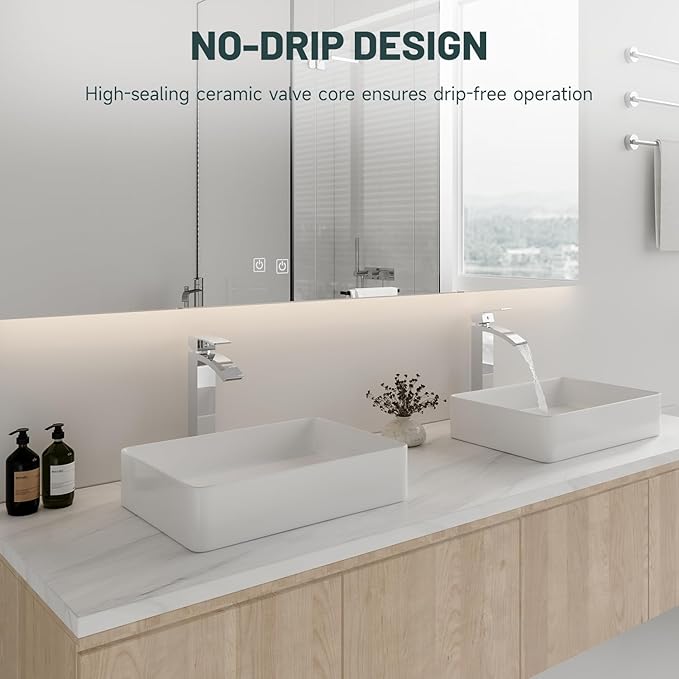 Chrome Vessel Sink Faucet, Greenspring Waterfall Bathroom Faucets, Tall Spout Single Handle Single Hole Bathroom Faucets with Pop Up Drain and Without Overflow Basin Faucet Supply Line