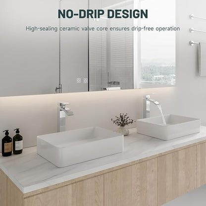 Chrome Vessel Sink Faucet, Greenspring Waterfall Bathroom Faucets, Tall Spout Single Handle Single Hole Bathroom Faucets with Pop Up Drain and Without Overflow Basin Faucet Supply Line