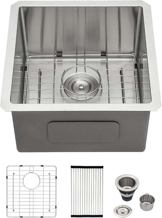 Logmey 17“ Undermount Bar Sink 17x17 Small Square Handmade Kitchen Sink 16 Gauge Stainless Steel Bar Prep Sink 9 Inch Deep Kitchen Sink Single Bowl RV Sink