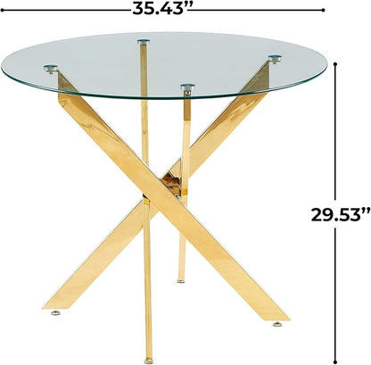Round Glass Dining Table 35.4'' Inch Modern Round Kitchen Table with Metal Legs Durable Stylish Dinner Table for Dining Room Kitchen