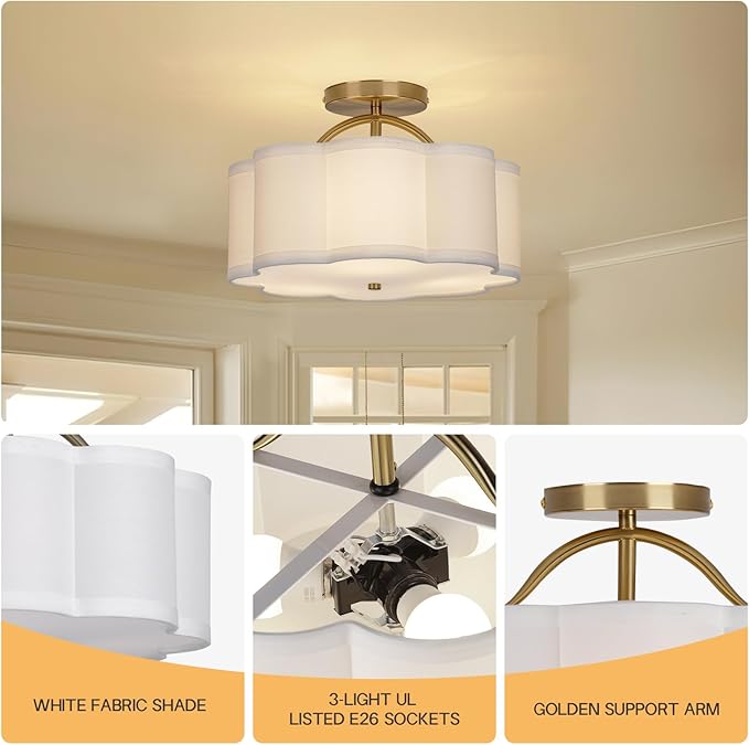 CALOKES Semi Flush Mount Ceiling Light, 11.8" Modern 3-Light Fixture with Petal-Shaped Cream White Fabric Shade and Golden Support Arm, Ideal for Bedroom, Kitchen, Living Room, Hallway, and Entryway