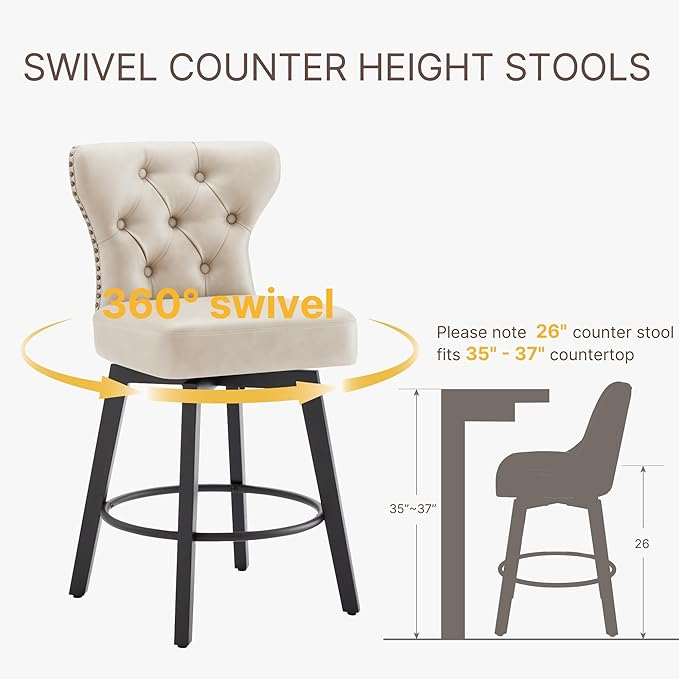 KISLOT Counter Height Barstools 26 inch Upholstered Button Tufted Swivel Bar Stools with Back for Kitchen Island,Set of 2,Beige PU Leather