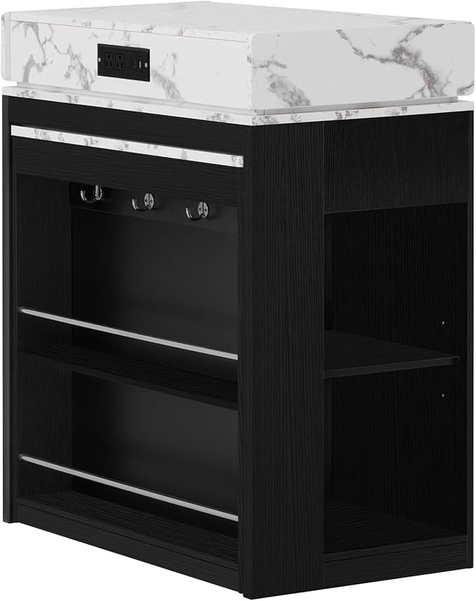 Versatile Extendable Dining Table with Hidden Wheels and Drawers, Farmhouse Kitchen Island with Charging Station and Glass-Door, Sideboard for Kitchen and Dining Room (Black)