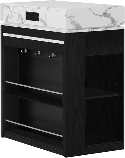 Versatile Extendable Dining Table with Hidden Wheels and Drawers, Farmhouse Kitchen Island with Charging Station and Glass-Door, Sideboard for Kitchen and Dining Room (Black)