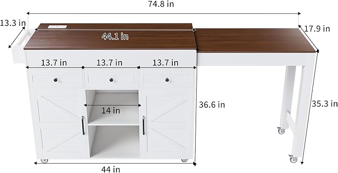 74.8" Kitchen Island with Extendable Dining Table & Power Outlet - Rolling Storage Cart on Wheels with 3 Drawers & 2 Door Cabinet for Dining Room