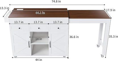 74.8" Kitchen Island with Extendable Dining Table & Power Outlet - Rolling Storage Cart on Wheels with 3 Drawers & 2 Door Cabinet for Dining Room