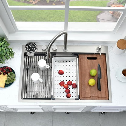 33 Inch Drop In Waterfall Kitchen Sink with Faucet Combo-Bokaiya 33x19 Drop In Sink with Cup Washer 16 Guage 10 Inch Deep Multifunctional Single Bowl Kitchen Sink Set