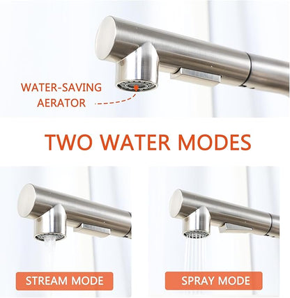 Friho Bar Sink Faucet with Pull Down Sprayer - Lead-Free SUS304 Stainless Steel Single Handle Kitchen Faucet, Brushed Nickel High Arc Kitchen Sink Faucet for Bar, Prep Station, RV & Laundry Room