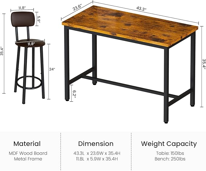 Lamerge Bar Table Set for 4 Kitchen Table and Chairs Set, Industrial Dinner Table with 4 PU Upholstered Stools Kitchen Pub Table for Kitchen, Space Saving, Restaurant (Rustic Brown and Black)