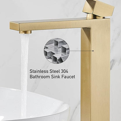 AVSIILE Brushed Gold Vessel Sink Faucet, 1 Hole Single Handle Tall Bathroom Vanity Faucets, Modern Utility Rv Laundry Bath Restroom Mixer Tap with Metal Pop Up Drain and 2 Water Supply Lines