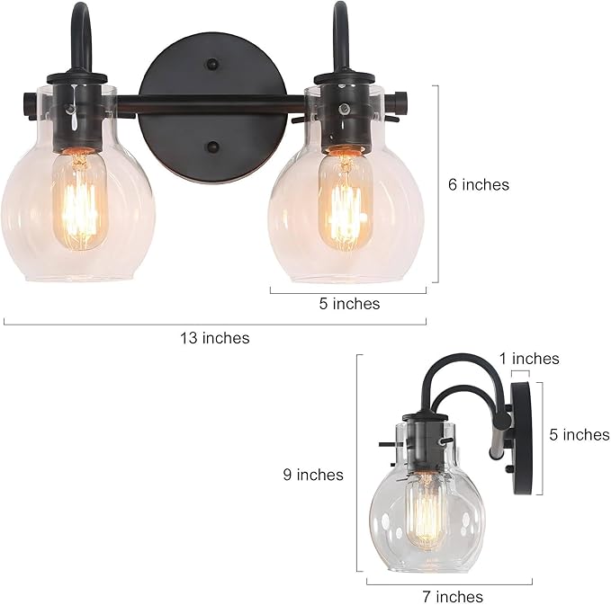KSANA Black Bathroom Light Fixtures, 2-Light Modern Farmhouse Black Vanity Lights with Clear Glass Shade Over Mirror for Hallway, Kitchen, Bedroom, and Living Room