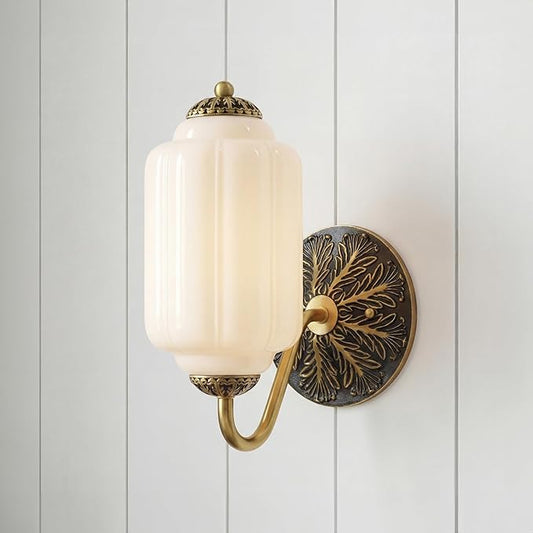 Vintage Milk White Glass Wall Sconce - Milk Glass Shade Antique Brass Indoor Wall Light for Bedroom, Living Room, and Hallway
