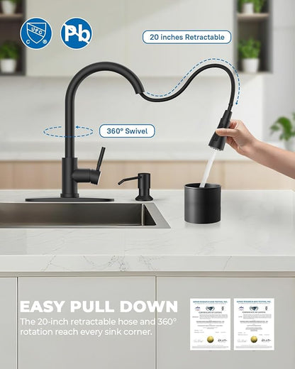 WEWE Kitchen Faucet with Soap Dispenser and Pull Down Sprayer, RV Single Handle Classic 3 Modes Stainless Steel Faucet for Kitchen Sink, RV, Matte Black