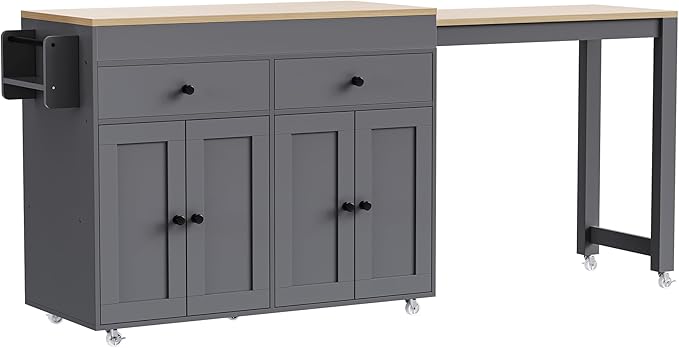 74.5" Kitchen Island with Extendable Dining Table, Rolling Kitchen Storage Island on Wheels with 4 Door Cabinet, 2 Storage Compartment & Spice Rack, Large Mobile Cart for Dining Room