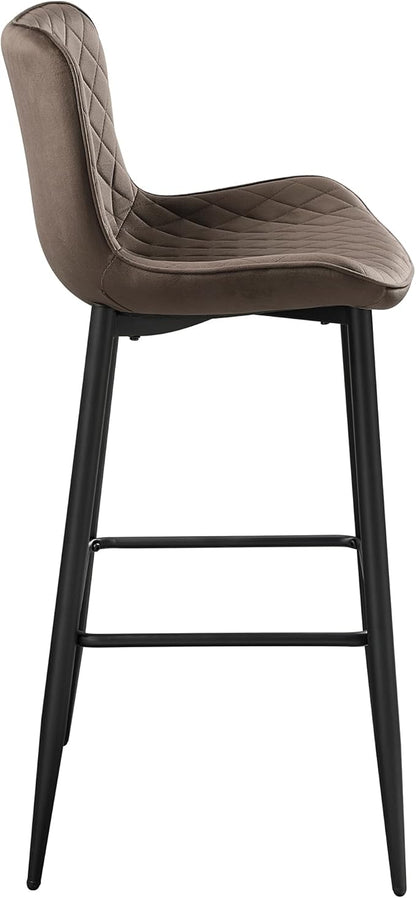 Lexicon Bar Stools Set of 2 - Bar Height Stools for Dining Room, Kitchen, Solid Padded Back, Tall, Black Metal Finish and Brown Velvet Cushion Seat, 29''SH