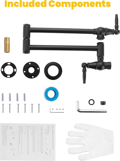 Pot Filler Faucet Matte Black: Solid Brass Wall Mount Heavy Duty Stove Pot Filler with Double Joint Swing Arms - Single Hole Commercial Folding Stretchable Faucet 2 Handles for Kitchen Restaurant