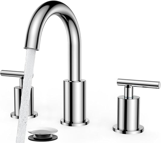 FORIOUS Chrome Bathroom Faucet 3 Hole, 8 Inch Widespread Bathroom Sink Faucet Polished Chrome 6 in with Metal Pop Up Drain and 24" Supply Line, 360 Degree Swivel Gooseneck for 3 Hole Vanity Sink RV