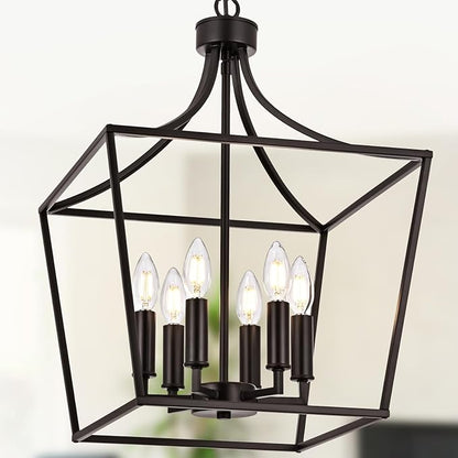 6-Light Farmhouse Chandelier, Adjustable Height Kitchen Island Pendant Lighting Fixture for Over Table Dining Room Living Room Foyer, Oil Rubbed Bronze & E12 Bulb Base