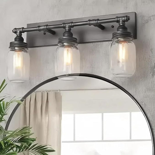 LNC 24'' Large Bathroom Light Fixtures, Industrial 3 Mason Jar Vanity Light with Antique-Silver Brushed Finish