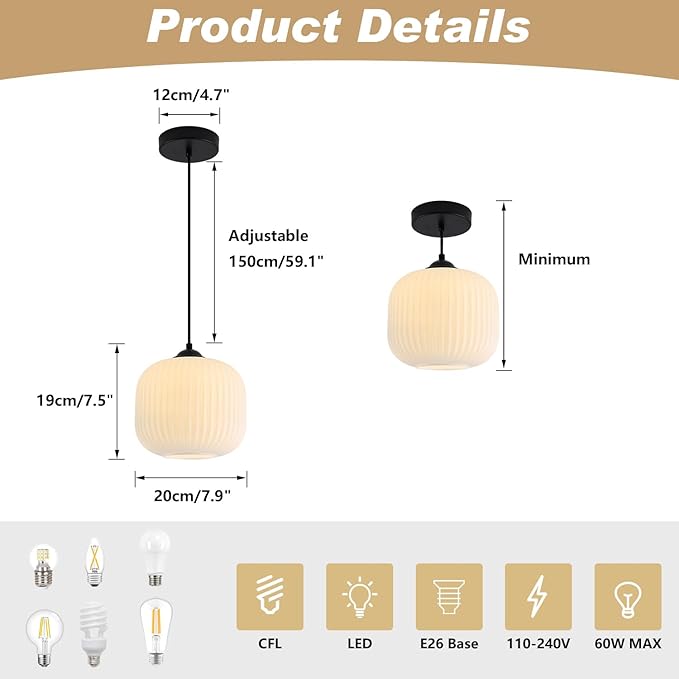 KCO Lighting Milk Glass Globe Pendant Light Kitchen Island Mid Century Black Pendant Light Modern Farmhouse Hanging Pendant Lighting Large Industrial Round Hanging Light (2 Pack)