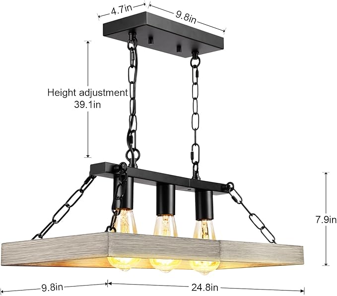 Rustic Farmhouse Chandelier for Dining Room 3-Lights Black+Wood