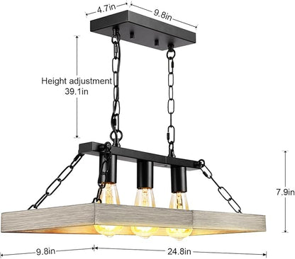 Rustic Farmhouse Chandelier for Dining Room 3-Lights Black+Wood