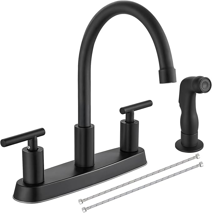 Kitchen Faucets, High Arc 360°Rotating Spout Kitchen Sink Faucet, 2 Handle 8 Inch Centerset RV Kitchen Faucet with Supply Lines, 3 or 4 Hole Kitchen Faucet with Side Sprayer, Matte Black