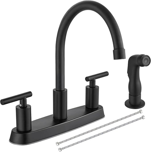 Kitchen Faucets, High Arc 360°Rotating Spout Kitchen Sink Faucet, 2 Handle 8 Inch Centerset RV Kitchen Faucet with Supply Lines, 3 or 4 Hole Kitchen Faucet with Side Sprayer, Matte Black