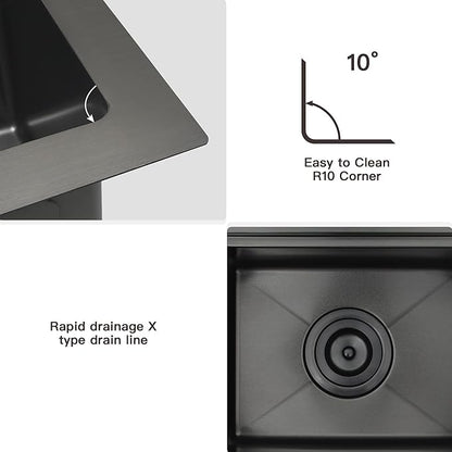 Black Drop In Bar Sink,16 Gauge 304S Stainless Steel Top Mount Kitchen SinK, All In One Workstation Sink with Accessories, 15" x 15" x 9" Small Kitchen Sink for RV,Outdoor and Wet bar