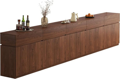 157.5" Buffet Cabinet with Drawers & Door, Console Table, Set of 5 Modular Stackable Sideboard Coffee Bar Cabinet with Adjustable Shelves, Matte Walnut Storage Accent Credenza for Living Room