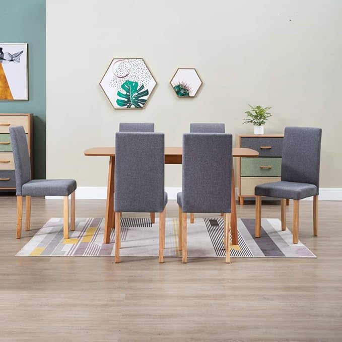 6-Piece Light Gray Fabric Dining Chairs Set with Rubber Wood Frame, Modern Farmhouse Kitchen Furniture, Soft Upholstered Seats and Sturdy Design for Dining Room Kitchen Comedor