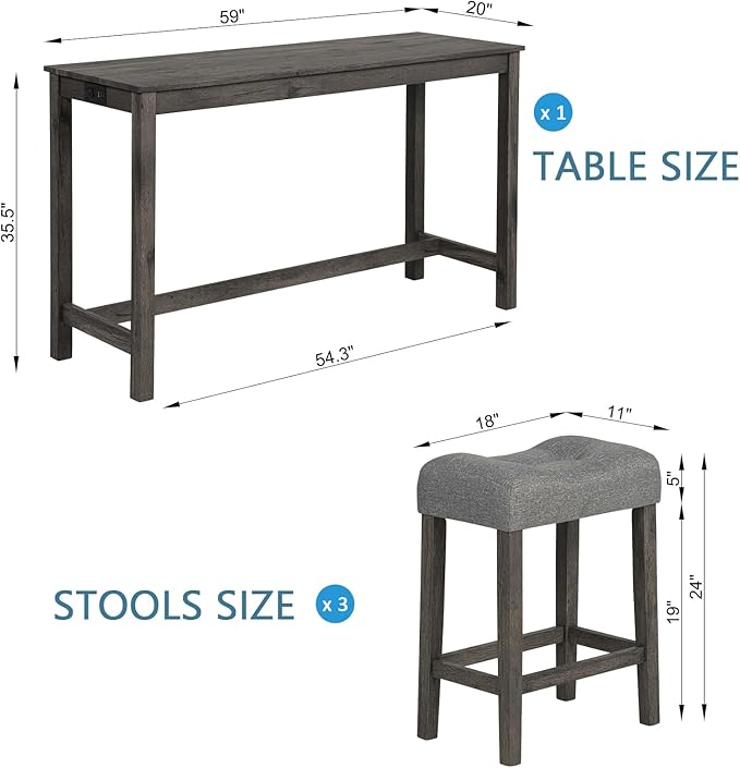 Knocbel Classic 3-Person Counter Height Bar Table Set with Power Outlet, 4-Piece Dinette Set with Padded Seat Stools, Apartment Condo Small Space Pub Bistro Dining Furniture (Dark Gray, 59")