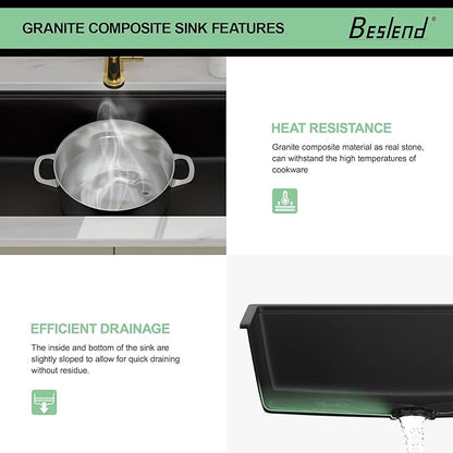 28 Granite Composite Kitchen Sink - 28x19 Inch Black Granite Kitchen Sink Undermount Black Quartz Sinks Ledge Workstation Classic Under Counter Single Bowl Basin