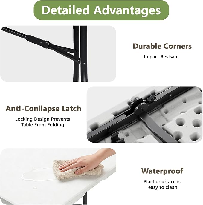 Folding Table 8ft - Heavy Duty Plastic Table with Handle, Foldable & Portable, Fold-in-Half Utility Tables for Outdoor, Dining, Wedding, Events, Indoor, Picnic, Camping, Party (White)